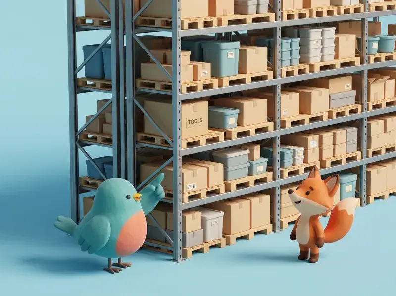 Pallets on racking in a small warehouse aisle